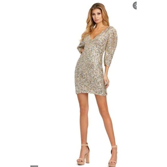 IEENA for MacDuggal Womans Sequined Dress Mini Puff Sleeve Sz 6 Beige Multi NWT - Picture 2 of 7